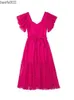 Abiti casual 2023 Elegante abito rosa con maniche a sbuffo da donna Holiday Beach Sundress Midi A-line Sexy scava fuori abiti a maniche corte Vestido A1129 W0315