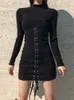 Casual Dresses Heyoungirl Tie Up Bandage Black BodyCon Dress Autumn Basic Long Sleeve Sticked Mini Dresses Ladies Skinny Winter Fashion Z0216