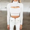 Women's T Shirts 2023 T-shirtsolid färg Skinny Casual Top Sexig ihålig stickad tröja kvinnor fest navel smal ribbas sommar lady skjorta