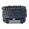 Charm Bracelets Brief Black Leather Beads Bracelet Set For Men Alloy Ethnic Bangles Wood Beaded Punk Jewelry 4pcs/set