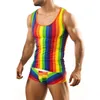 Herrspårsperioder Pyjamas Set Rainbow Stripe Tryckt ärmlös tankskjorta Summer Daily Home Tight Sexy Shorts Mens 2piece 230314