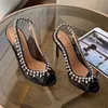 2023 여름 신규 뾰족한 샌들 스터드 모조 다이아몬드 체인 샌들을 가진 투명 PVC 세련된 스틸레토 다색 여성 신발