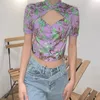 Women's T Shirts Purple Gothic Vintage Print Crop Top Summer Clothes For Women Corset Sexy Cut Out Short Sleeve Button Up 90s Aesthe