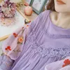 女性用ブラウスシャツオリジナルデザインaigyptos春の女性甘いエレガントな紫色の女性ヴィンテージ刺繍ランタンスリーブレースシフォン230314