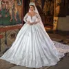 Elegante satijnen Dubai Arabische baljurk trouwjurken met lange mouwen sexy Deep V nek vestidos de novia kanten toegewijde parels gezwollen prinses bruidsjurken cl2012