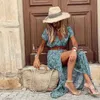 Casual Jurken Boho Paisley Print Jurk Vrouwen Elegante V-hals Korte Mouw Riem Grote Zoom Lange Jurk 2023 Zomer Vintage Beach Party Maxi Jurk W0315