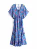 Abiti casual Vintage Chic Donna Pavone Stampa floreale Manica a pipistrello Beach Bohemian Maxi Abiti Abito da donna con scollo a V Nappa Summer Boho Dress W0315