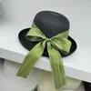 Wide Brim Hats OMEA Summer Straw Hat Women Green Ribbon Beach Retro Korean Travel Sun Elegant Bucket Holiday Designer Cap Casual