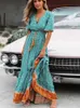 Lässige Kleider Vintage Chic Mode Frauen Blumendruck V-Ausschnitt Rayon Baumwolle Böhmische Maxikleider Damen V-Ausschnitt Quaste Sommer Strand Boho Kleid W0315