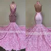 Pink Long Prom Dresses Mermaid 2023 Black Girls Sequin Sexig backless grimma 3D Flowers African Women Formal Evening Party Gowns BC15100 GJ0315