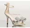 Sandales strass Bowknots Stiletto Satin bride à la cheville talons hauts chaussures de fête argent rouge cristal sexy été 2023