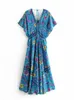 Abiti casual Vintage Chic Donna Pavone Stampa floreale Manica a pipistrello Beach Bohemian Maxi Abiti Abito da donna con scollo a V Nappa Summer Boho Dress W0315