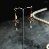 Bengelen oorbellen bowknot gouden kleur natuurlijke zoetwaterparels haak voor vrouwen kristallen drop oorrang met parel Koreaanse sieraden ja209