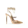 Dress Shoes Luxury Gold Leather Ankle Wrap High Heel Pointed Toe 12CM Stiletto Pumps Cut-outs Slingback Celebrating