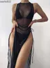 Casual jurken Chronstyle Mesh Sheer See Through Dress Bikini Cover Ups 2021 Sexy Women Swimwear High Split Lace-Up Swimsuit Beachwear Baden W0315