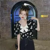 女性用Tシャツ2サイドウェアビッグボウノット女性甘い女の子かわいいプリントプリントブルザミュージャー夏半袖プラスサイズの韓国ブラックトップス