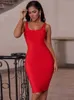 Casual Dresses Bandage Dress Red 2022 Summer Women's Midi Dress Bodycon Elegant Sexig högkvalitativ gul rosa Vit Evening Party Dress Club W0315