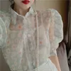 Kadınlar bluz gömlekleri yaz seksi perspektif örgü Koreli kadın puflu kol tek yanıklanmış dantel bluz üstleri baskı çiçek gömlek tees 230314