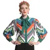Blouses pour femmes Chemises Mode Bureau Luxe 2023 Piste Longue Lanterne Manches Dames Tops Contraste Couleur Bow Stripe Imprimer Pour FemmesFemmes