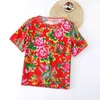 Camiseta feminina tshirt shert unsisex thin estilo chinês estilo chinês peônia estampada redonda algodão curta de manga curta praia fêmea feminina