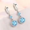 Boucles d'oreilles pendantes bijoux féminins de luxe goutte de pierre précieuse bleue donner aux femmes déclaration ensemble rond Zircon blanc
