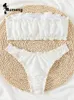 Kvinnors badkläder Rumeng 2023 White Pink Solid Color Round Hole Brodery Suspender Bikini Bra Low Midje Women Swimsuit