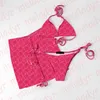 Dambadkläder 3st Set Summer Velvet Bikini Swimdress Jacquard Letter Beach Vacation Party Baddräkt