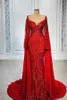 Bling Bling Muslim Mermaid Formella aftonklänningar 2023 Röd med Wrap Turkish Arabic Dubai Bling Unique Prom -klänningar BC14747 GJ0315