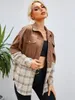 Women's Jackets ZAFUL Plaid Corduroy Double Fabric Drop Shoulder Shacket Women Shirt Jacket Button Up Overshirt