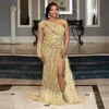 Feestjurken gouden een schouder zeemeermin avond kanten veren kralen plus size prom aso ebi high split cocktailjurken