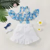 Clothing Sets Summer Kid Girl Casual Short Pants Outfits Short Sleeve Pattern Printed Tie Knot Decor Short Tops Ruffles Decor Shorts Set