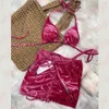 Mulheres Velvet Swimwear Summer Summer Bikinis Fashion Letter Print Swimsuit 3pcs Conjunto Ladies Swimdress