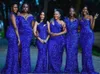Bruidsmeisje jurken Royal Blue voor bruiloften prom feestjurk formele hermeermin trompet v-neck mouwloze zipper