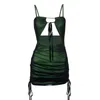 Casual Dresses Women Sexy Black Mesh Patchwork Bodycon Mini Party Dresses Spaghetti Strap Green Lace Up Y2K Robe Dress for New Year 2022 Z0216