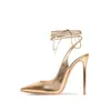 Dress Shoes Luxury Gold Leather Ankle Wrap High Heel Pointed Toe 12CM Stiletto Pumps Cut-outs Slingback Celebrating
