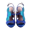 Dress Shoes CHS1193 Custom Made Big Size Royal Blue Mix Turquoise Stones Crystal Slingbacks Block Low Heel Women Bridal Wedding