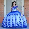 Blå quinceanera klänningar älskling bollklänning vestidos de 15 anos mode 3d blommor tyll söt 16 prinsessan fest klänning