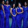 Bruidsmeisje jurken Royal Blue voor bruiloften prom feestjurk formele hermeermin trompet v-neck mouwloze zipper