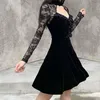 캐주얼 드레스 섹시한 여자 고딕 드레스 긴 슬리브 원근 중공 레이스 블랙 패치 워크 펑크 이브닝 파티 미니 팜므 로브#g3