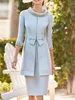 Vintage Sky Blue Mother Of The Bride Dresses Sheath High Neck Pearls Knee Length With Jacket Satin Plus Size Short Groom Party Gowns 2023