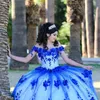 Blå quinceanera klänningar älskling bollklänning vestidos de 15 anos mode 3d blommor tyll söt 16 prinsessan fest klänning