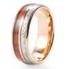 Cluster Rings Meteorite And Koa Wood Double Inlay Rose Gold Tungsten Ring 8MM Comfort Fit Wedding Band Men Women's Anniversary