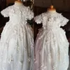 Doopjurk Babymeisjes Eerste communiejurken Robe Lace Doopjurk met motorkap Korte mouw Wit ivoor Op maat gemaakt 326 326