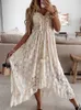 Casual Dresses Boho Dress Women Summer Maxi Dress Lady Off Shoulder Holiday Lace V Neck Spaghetti Strap Sundress White Dress Vestidos de Mujer W0315