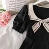 Casual Dresses Students Women Summer Korean Elegance Vintage Bow Sailor Collar Puff Sleeve Preppy Clothing