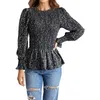 Women's Blouses Women Tops Casual Long Sleeve Crewneck Shirt Floral Print Smocked Ruffle Hem Slim Blouse Tunics Top