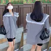 Dames t shirts 2023 Zuid-Korea dongdaemun lente en herfst lotus blad losse leeftijd reducerend baby kraag shirt zoete lange mouwt top voor