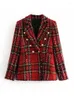 Kvinnors kostymer Red Plaid Blazer 2023 Kvinnor Spring-Autumn Vintage Tweed Jackets Office Ladies Chic Slim Blazers Girls Tassel Tops Set Coat
