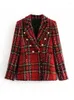 Costumes pour femmes rouge Plaid Blazer 2023 femmes printemps-automne Vintage Tweed vestes bureau dames Chic Slim Blazers filles gland hauts ensemble manteau