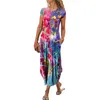 Casual Dresses 2023 Summer Women Flower Print Boho Dress Fashion Slim Sundress O-Neck kort ärm T-shirt Ladies Street Vestido